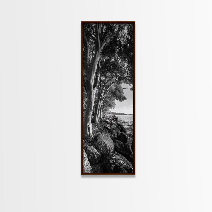 Riverside Trees, Rocky Shore, Natural Light, Canvas Print, Tranquil Forest Photography, Boho Nature Decor, Living Room Wall Art