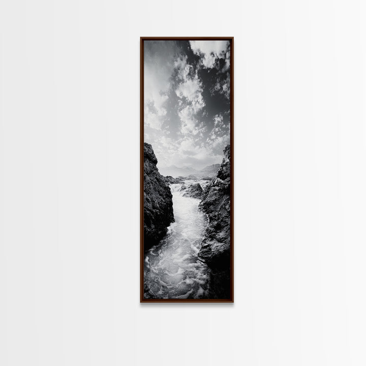 Waterfall Rocks, Mountain Mist, River Flow, Canvas Print, Black And White Landscape Art, Nature Bedroom Decor, Zen Retreat Wall Piece