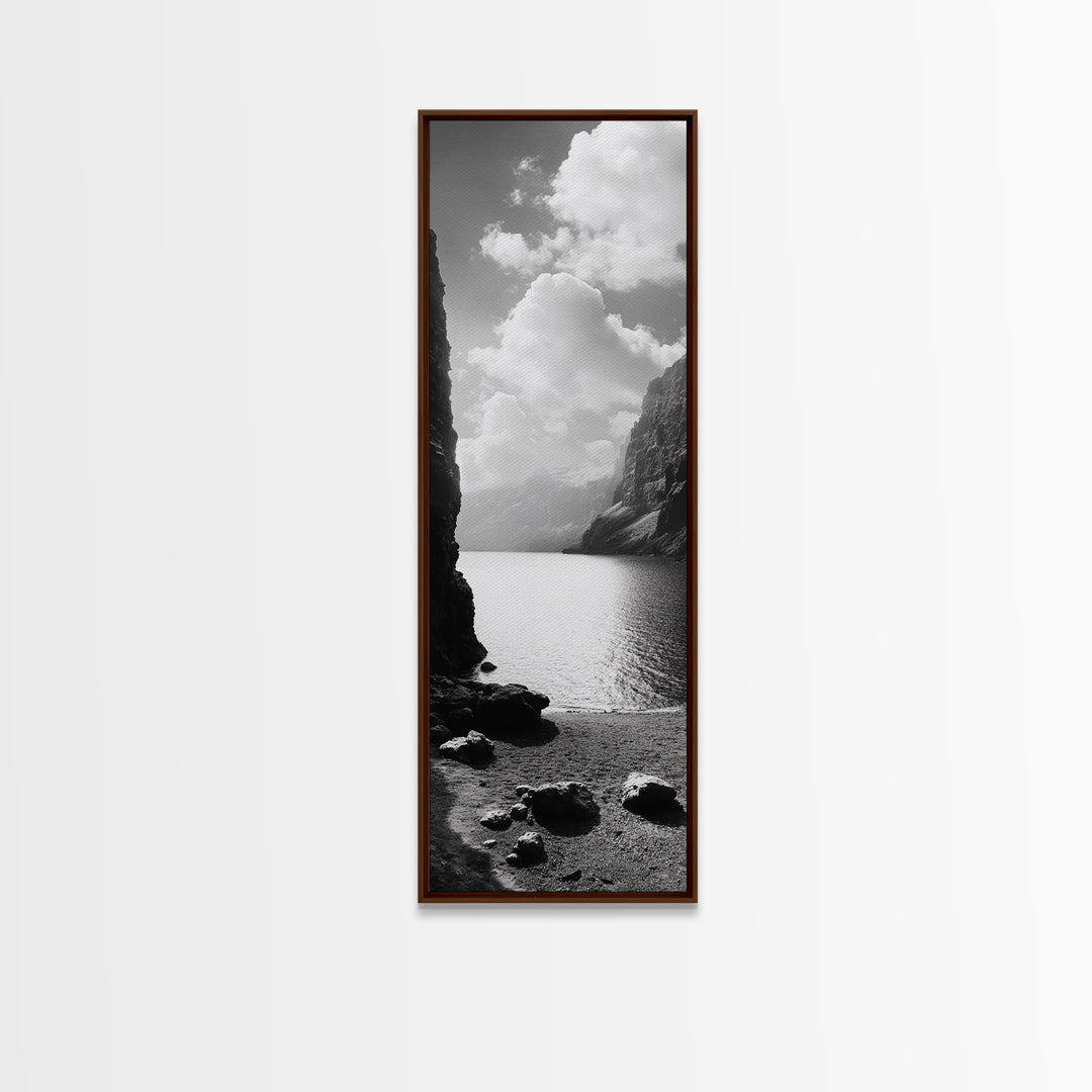 Fjord Mountain Lake, Scenic Nordic Landscape, Tranquil Nature Print, Minimalist Wall Art, Bedroom Decor, Framed Canvas Print