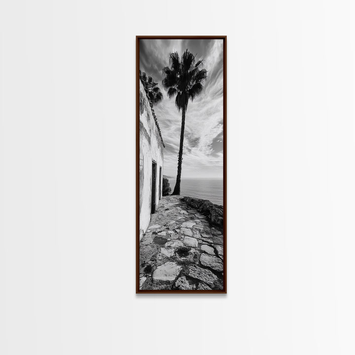 Coastal Palm Tree, Rustic Seaside Wall Art, Mediterranean Courtyard Print, Tropical Summer Decor, Framed Canvas Print, Kitchen Art