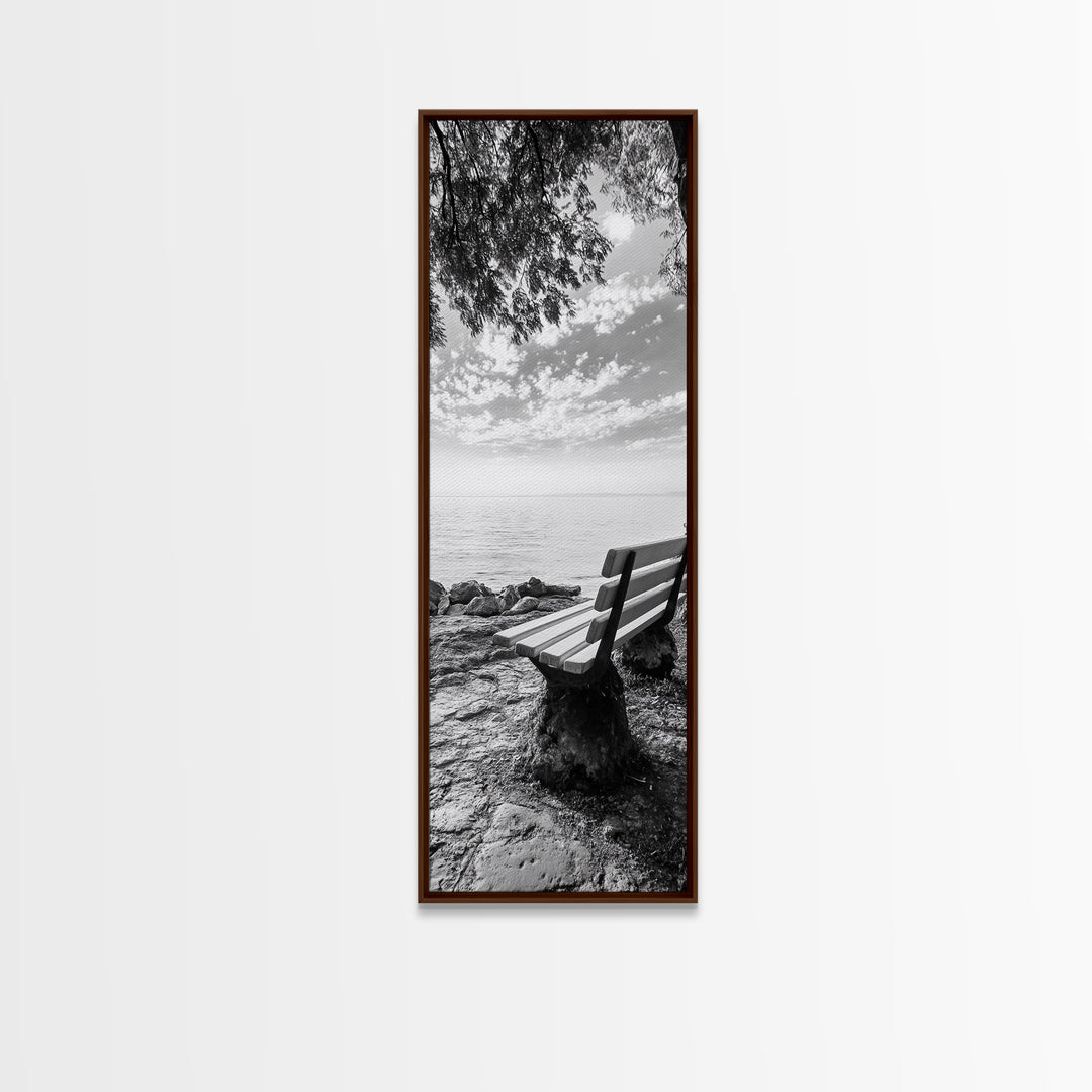 Lakeside Bench View, Peaceful Nature Scene, Tranquil Reflection Print, Minimalist Wall Decor, Zen Office Art, Framed Canvas Print