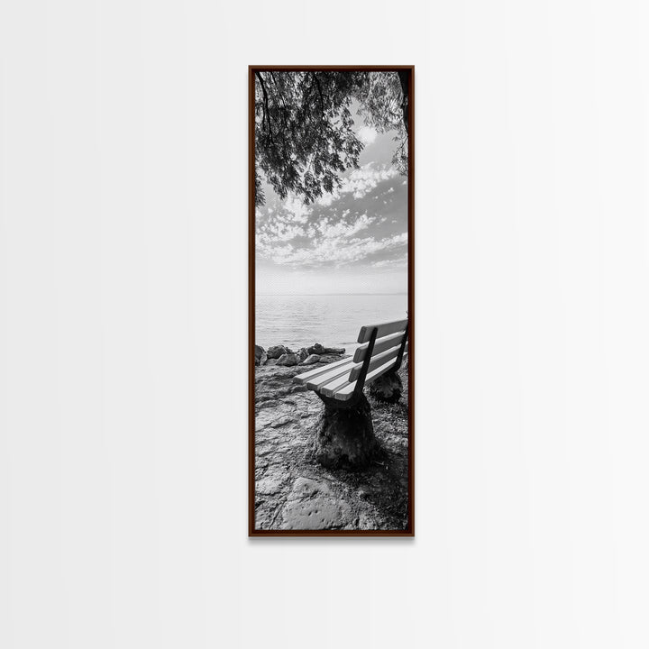 Lakeside Bench View, Peaceful Nature Scene, Tranquil Reflection Print, Minimalist Wall Decor, Zen Office Art, Framed Canvas Print