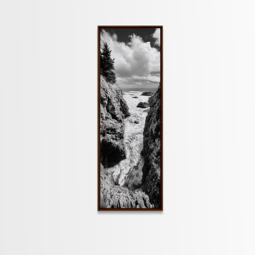 Coastal Cliff Waves, Rugged Seaside Art, Ocean Rock Photography, Bold Nature Wall Decor, Modern Bathroom Accent, Canvas Print