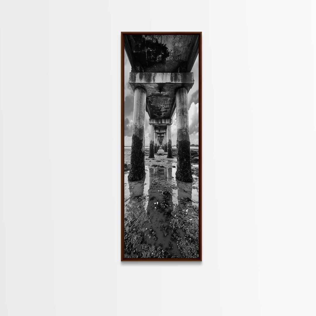 Pier Perspective, Symmetrical Architecture Art, Coastal Concrete Structure, Industrial Minimalist Decor, Framed Canvas Print