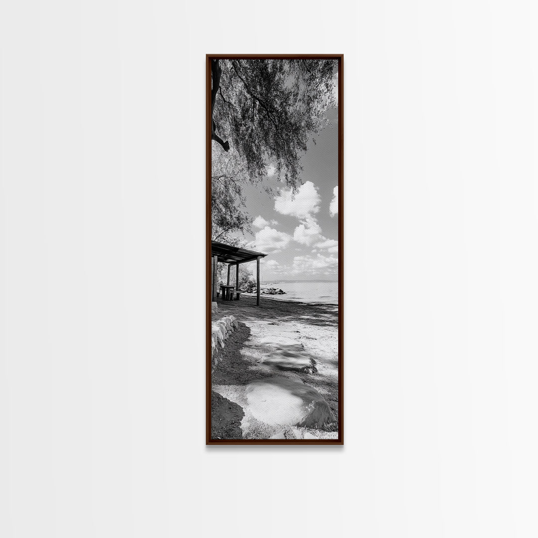 Coastal Bench, Ocean Peace, Nature Retreat, Minimal Landscape, Canvas Print, Zen Wall Art, Bedroom or Entryway Decor, Calm Beach Scene