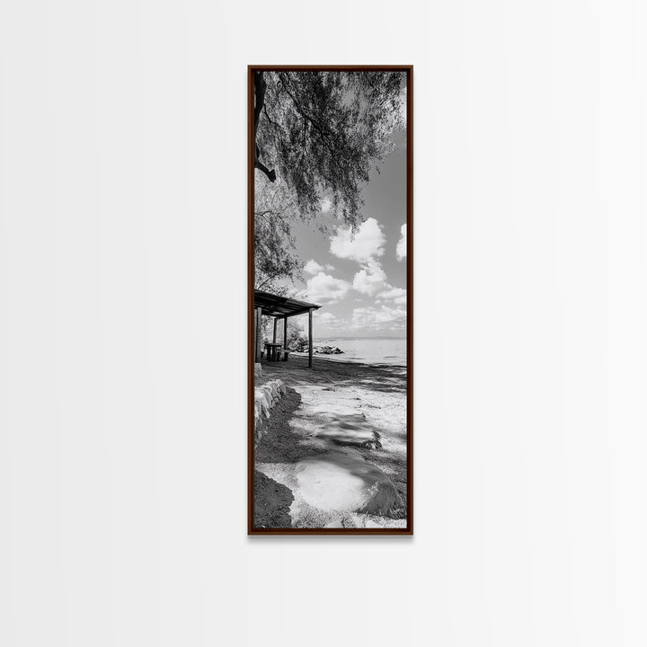 Coastal Bench, Ocean Peace, Nature Retreat, Minimal Landscape, Canvas Print, Zen Wall Art, Bedroom or Entryway Decor, Calm Beach Scene