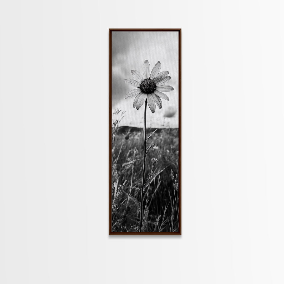 Single Daisy Bloom, Minimalist Botanical, Black White Flower, Framed Canvas Print, Nature Inspired Art, Bedroom Wall Decor, Modern Farmhouse