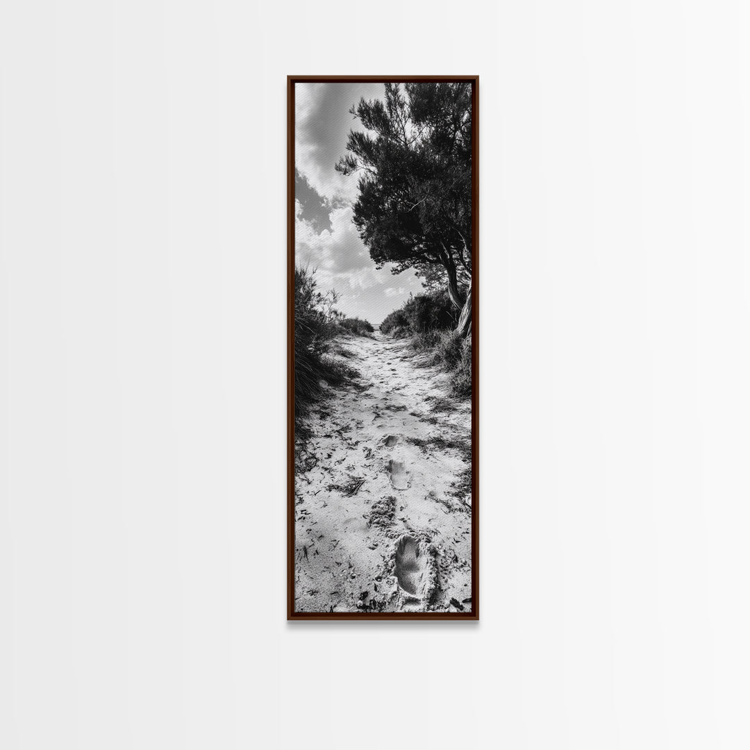 Sandy Trail Path, Coastal Forest Walk, Nature Photography, Framed Canvas Print, Boho Bedroom Wall Art, Minimalist Seaside Home Decor