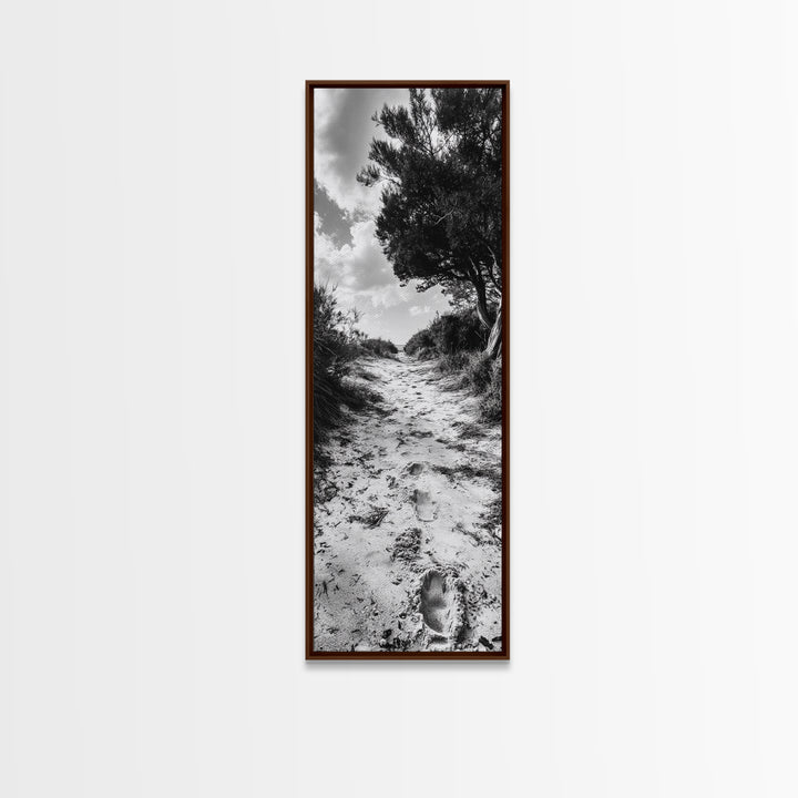 Sandy Trail Path, Coastal Forest Walk, Nature Photography, Framed Canvas Print, Boho Bedroom Wall Art, Minimalist Seaside Home Decor