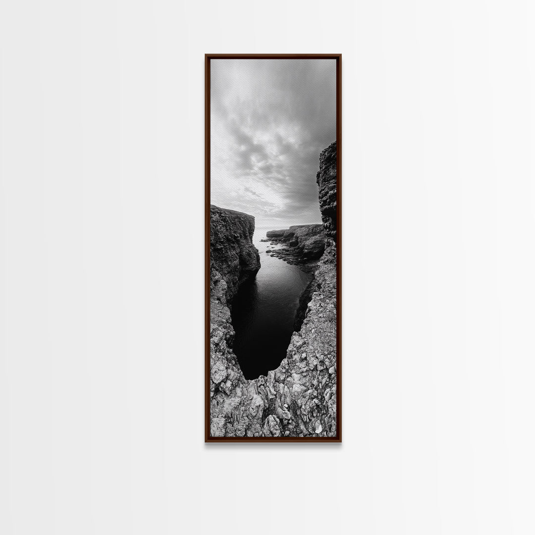 Seaside Cliffscape, Ocean Horizon, Monochrome Nature Scene, Framed Canvas Print, Coastal Living Room Art, Modern Rustic Wall Decor