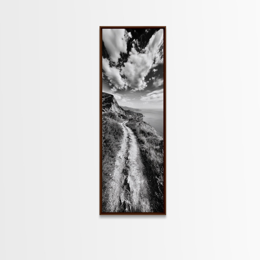 Cliffside Trail View, Path to Sea, Mountain Landscape, Framed Canvas Print, Wanderlust Decor, Office Wall Art, Adventure Travel Aesthetic