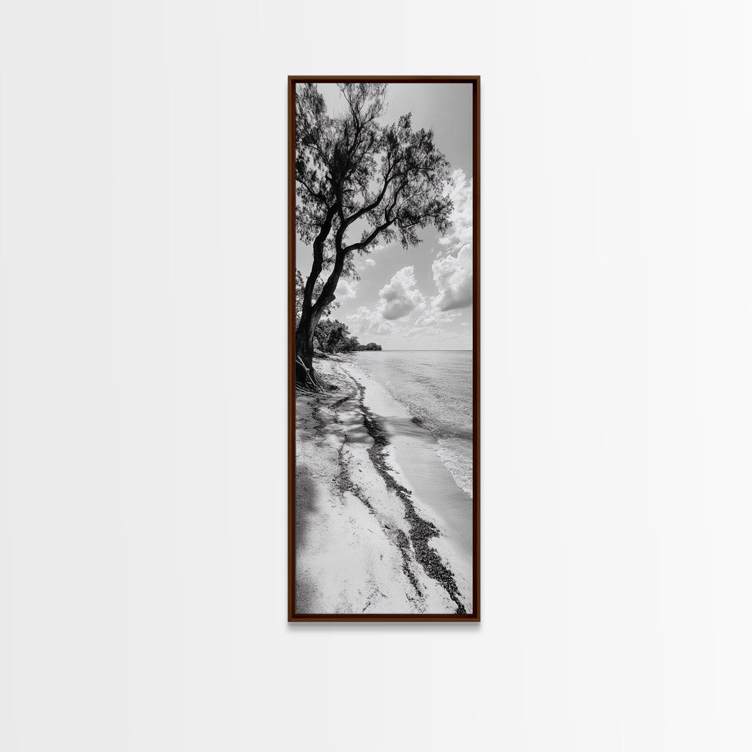 Serene Beach Tree, Calm Ocean Coast, Black White Shoreline, Framed Canvas Print, Coastal Entryway Decor, Minimal Nature Wall Art