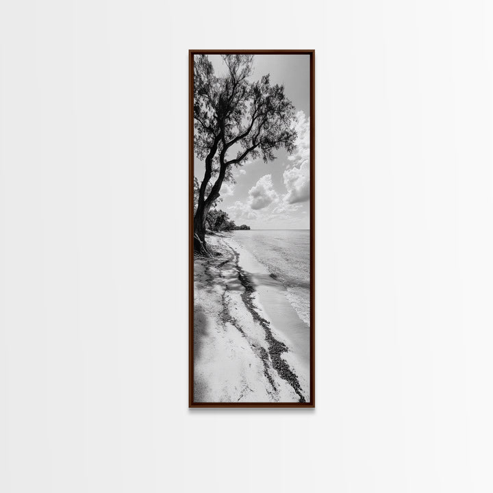 Serene Beach Tree, Calm Ocean Coast, Black White Shoreline, Framed Canvas Print, Coastal Entryway Decor, Minimal Nature Wall Art
