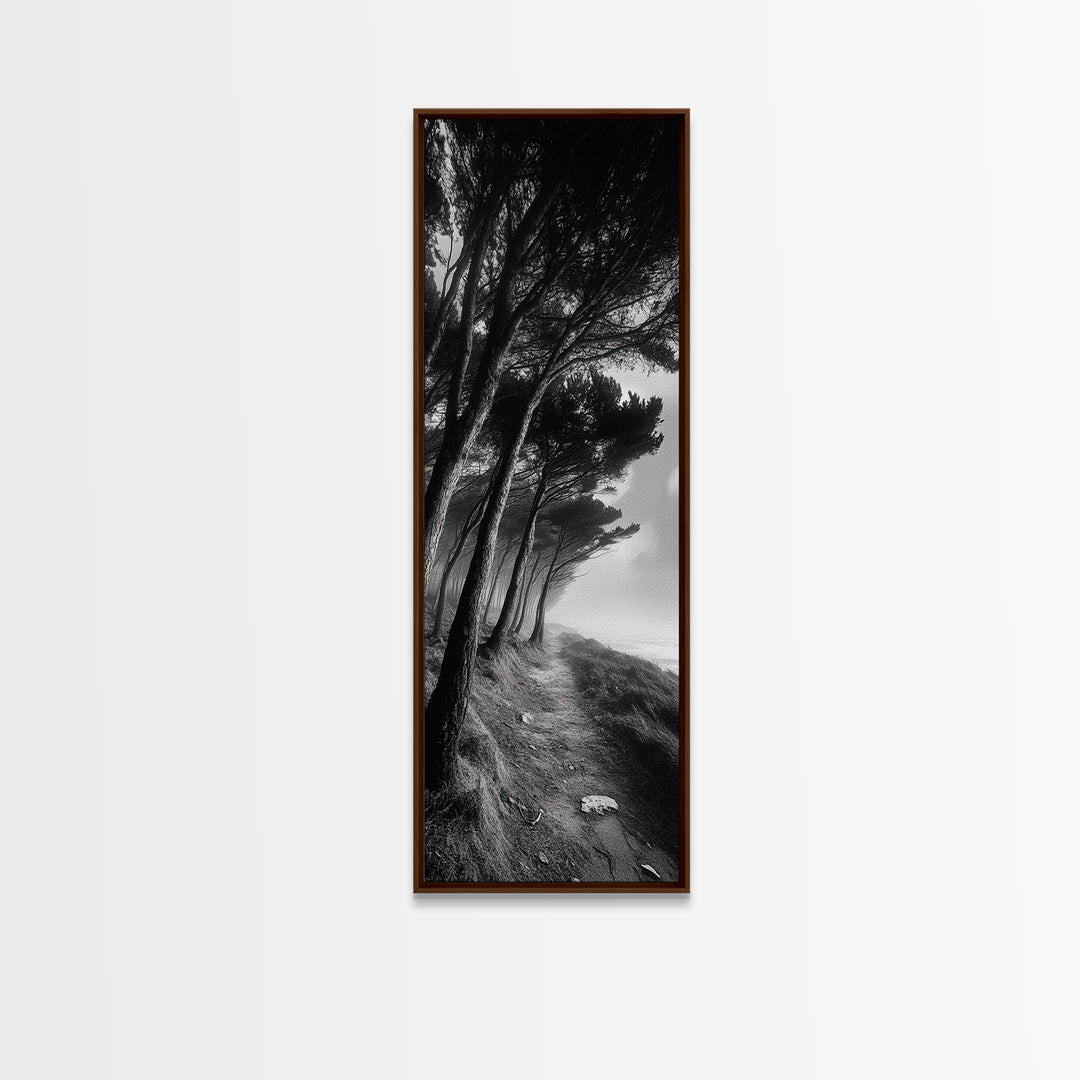 Windy Forest Trail, Dark Coastal Trees, Atmospheric Nature, Framed Canvas Print, Fall Living Room Wall Art, Moody Landscape Aesthetic