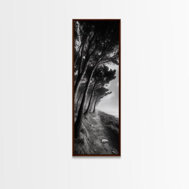 Windy Forest Trail, Dark Coastal Trees, Atmospheric Nature, Framed Canvas Print, Fall Living Room Wall Art, Moody Landscape Aesthetic