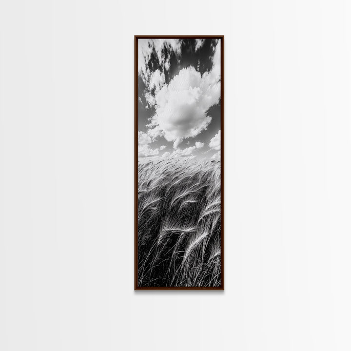 Wheat Field, Cloudy Sky, Rustic Landscape, Black and White Nature, Framed Canvas Print, Farmhouse Kitchen Wall Art, Fall Harvest Vibe