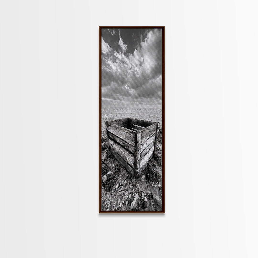 Rustic Crate, Ocean View, Weathered Wood, Coastal Still Life, Framed Canvas Print, Boho Bathroom Art, Nautical Living Room Decor