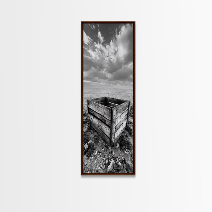 Rustic Crate, Ocean View, Weathered Wood, Coastal Still Life, Framed Canvas Print, Boho Bathroom Art, Nautical Living Room Decor