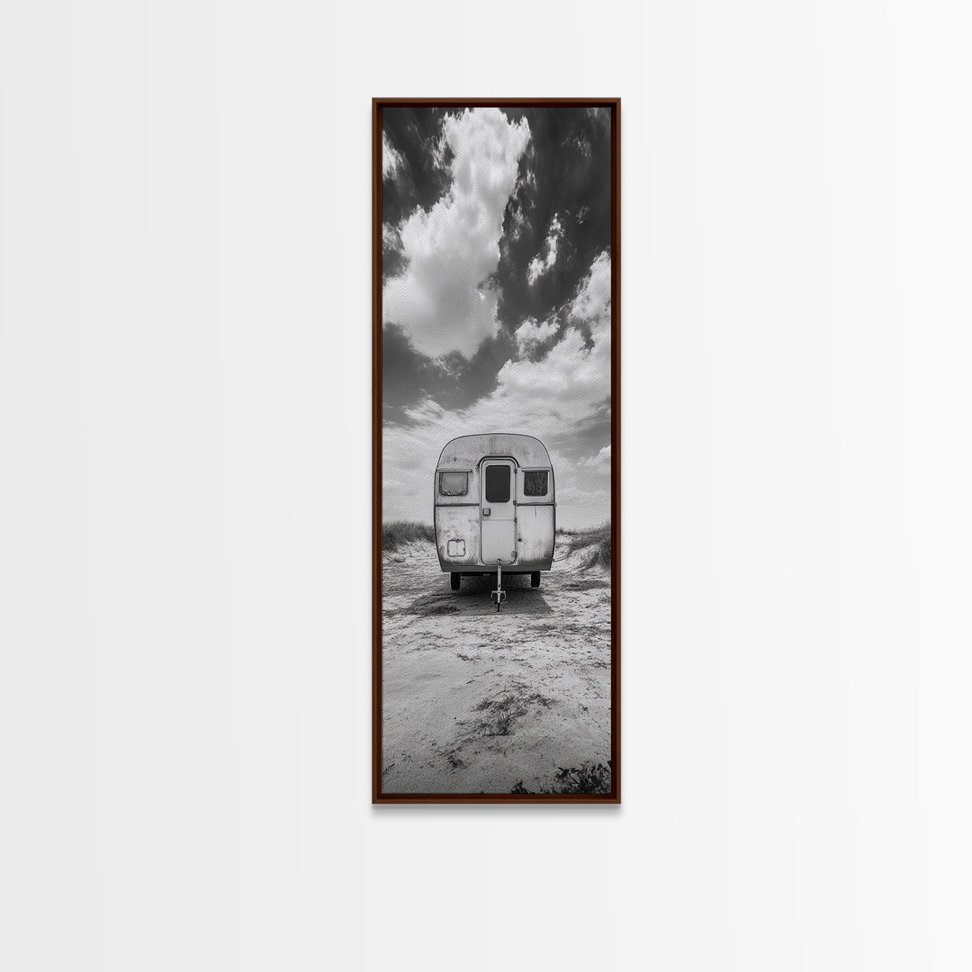 Vintage Camper, Cloudy Sky, Wanderlust Life, Desert Minimalism, Framed Canvas Print, Retro Travel Wall Art, Boho Bedroom Print, Office Art