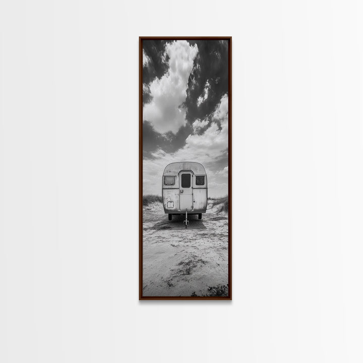 Vintage Camper, Cloudy Sky, Wanderlust Life, Desert Minimalism, Framed Canvas Print, Retro Travel Wall Art, Boho Bedroom Print, Office Art