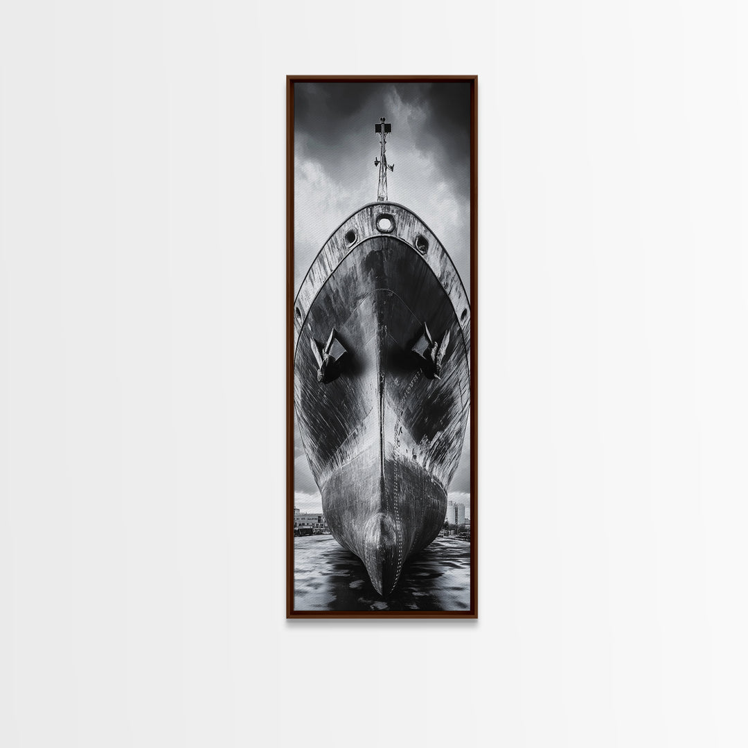 Industrial Ship, Black and White Boat, Urban Seascape, Moody Harbor, Canvas Print, Nautical Wall Art, Man Cave Art, Office Decor