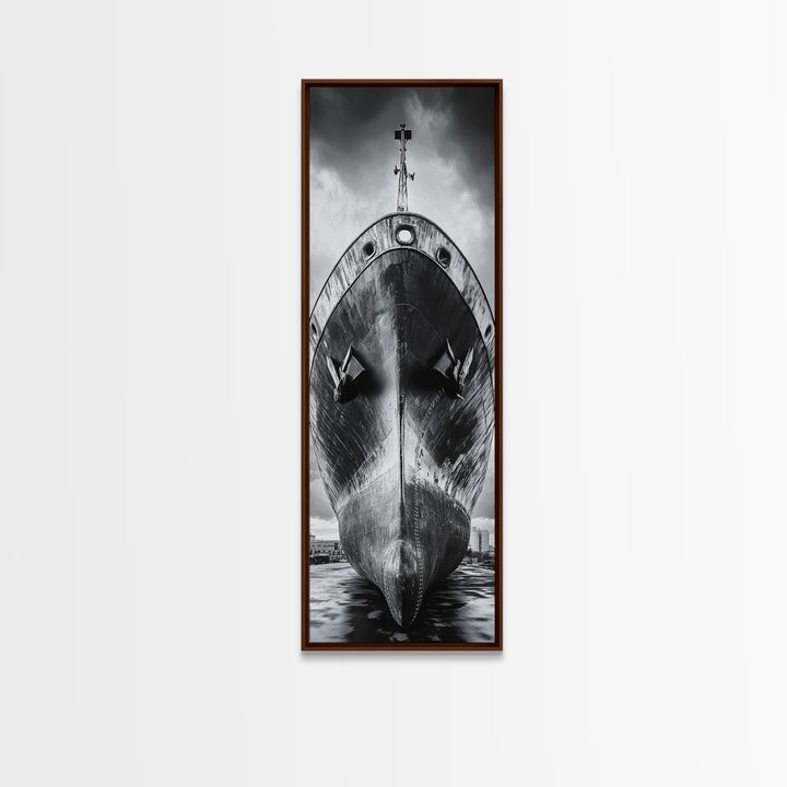 Industrial Ship, Black and White Boat, Urban Seascape, Moody Harbor, Canvas Print, Nautical Wall Art, Man Cave Art, Office Decor