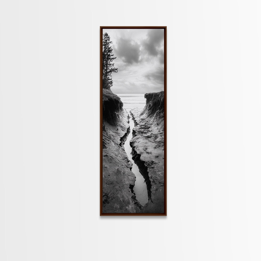 Coastal Crevice, Ocean Stream, Moody Nature, Rugged Beauty, Framed Canvas Print, Minimalist Beach Wall Art, Bedroom Art, Entryway Decor