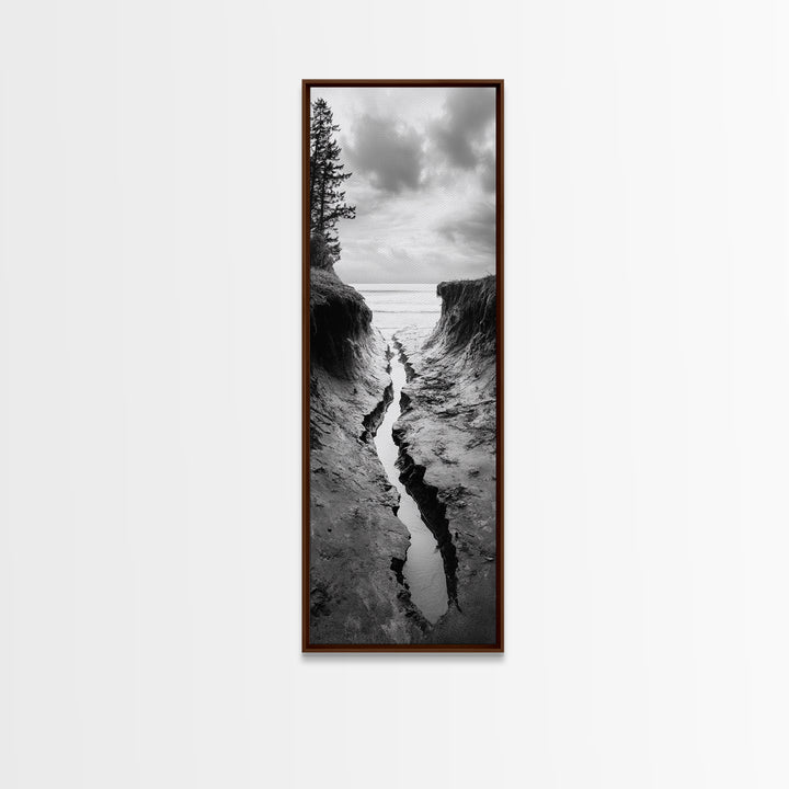 Coastal Crevice, Ocean Stream, Moody Nature, Rugged Beauty, Framed Canvas Print, Minimalist Beach Wall Art, Bedroom Art, Entryway Decor