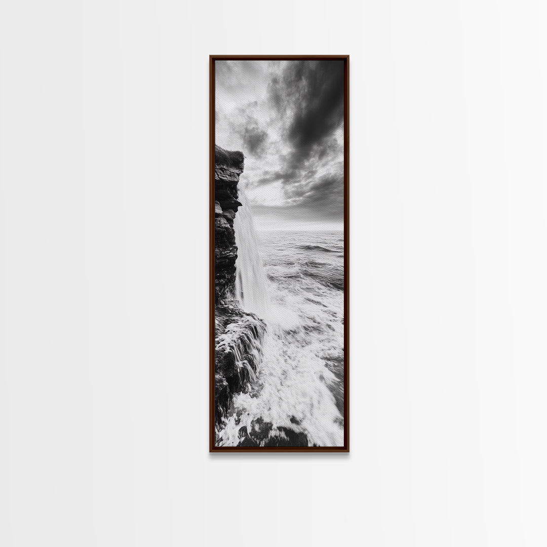 Ocean Waterfall, Coastal Nature, Monochrome Landscape, Framed Canvas Print, Minimalist Bathroom Wall Art, Black White Ocean Art