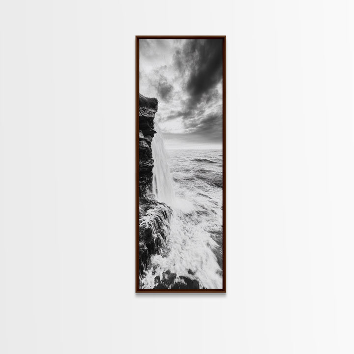 Ocean Waterfall, Coastal Nature, Monochrome Landscape, Framed Canvas Print, Minimalist Bathroom Wall Art, Black White Ocean Art