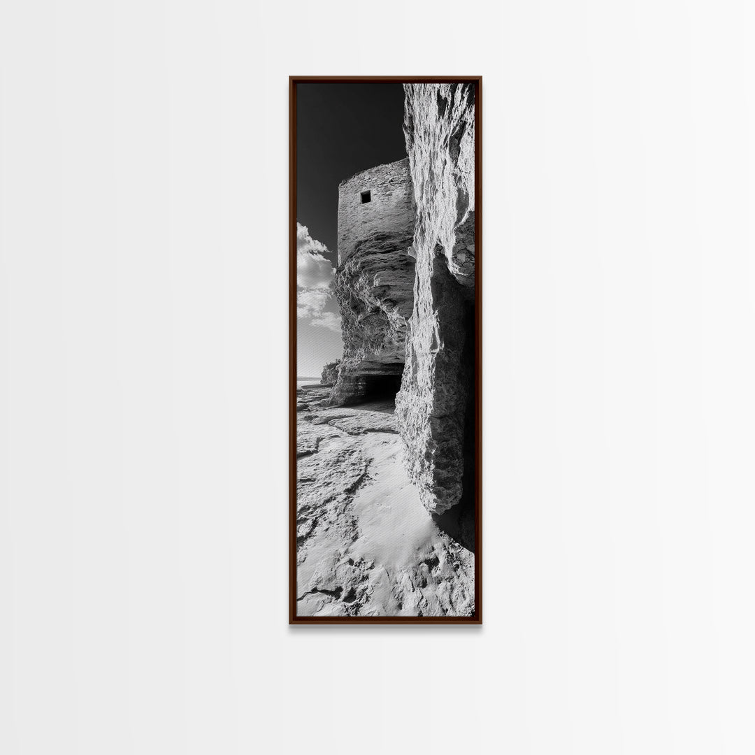 Stone Fortress, Ancient Cliffs, Coastal Ruins, Framed Canvas Print, Rustic Wall Decor, Neutral Tones Living Room Wall Art, Nature Decor