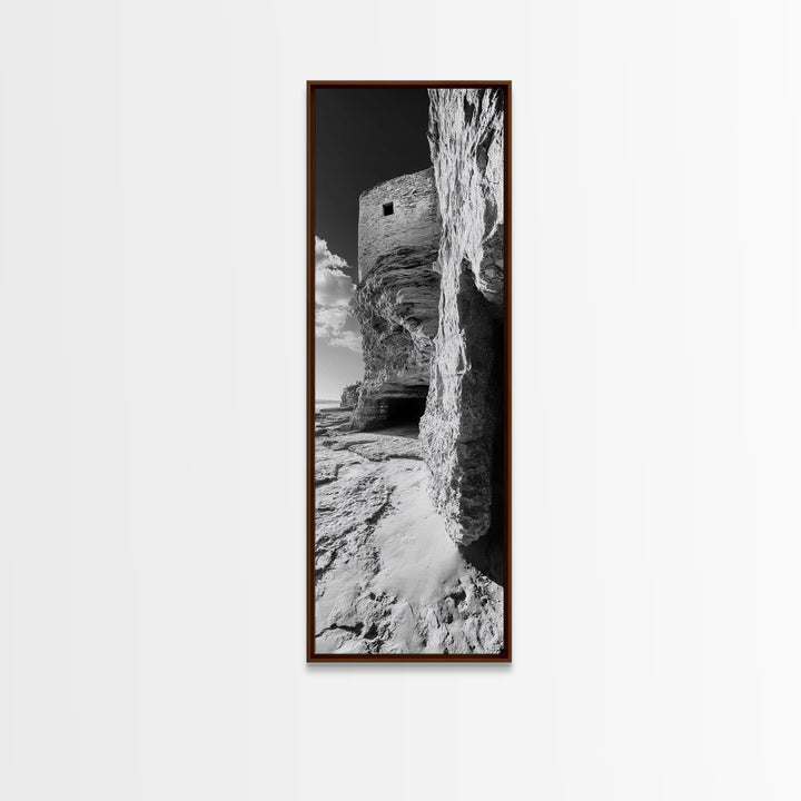 Stone Fortress, Ancient Cliffs, Coastal Ruins, Framed Canvas Print, Rustic Wall Decor, Neutral Tones Living Room Wall Art, Nature Decor