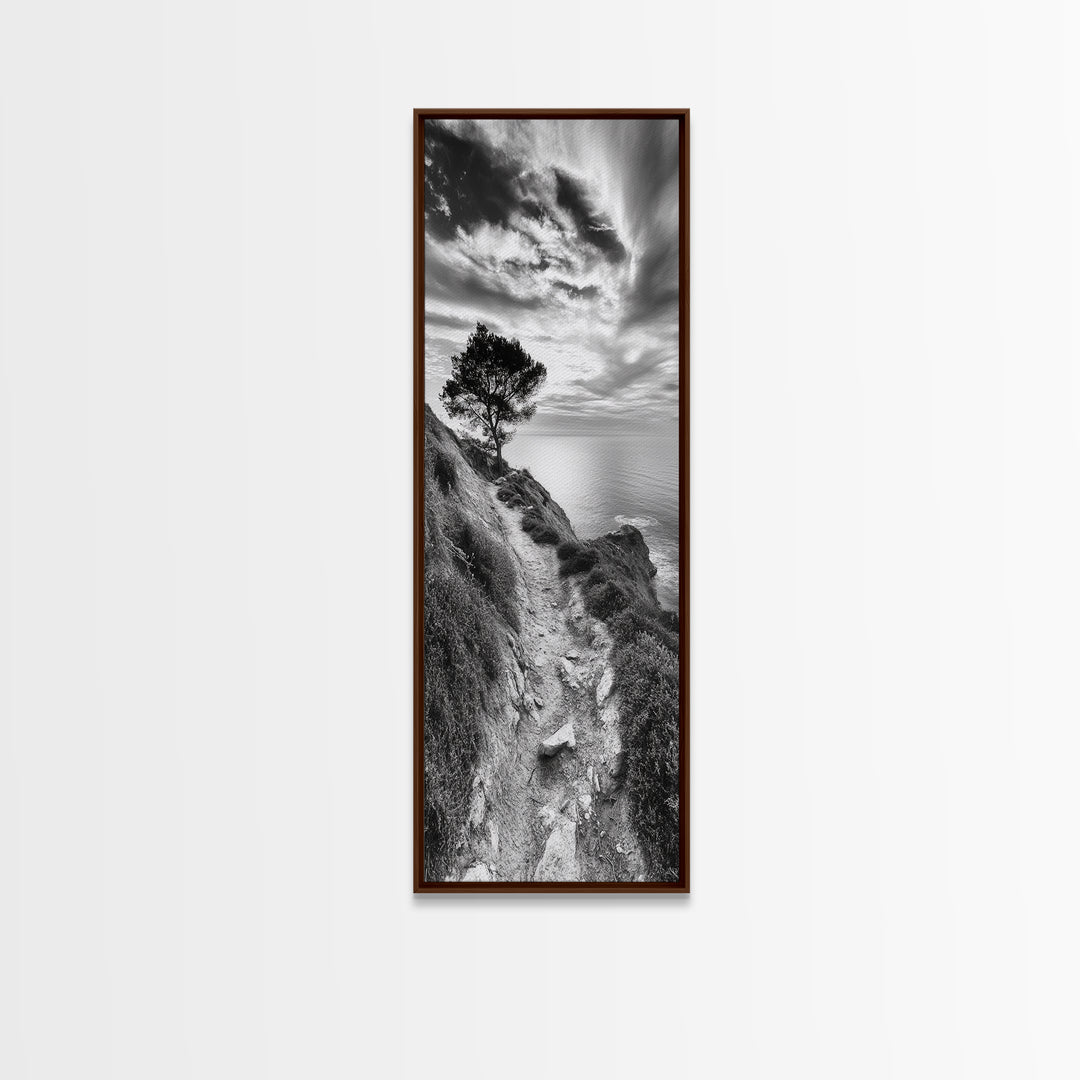 Cliffside Tree, Coastal Path, Nature Landscape, Canvas Print, Monochrome Hiking Trail Art, Boho Entryway or Office Wall Decor