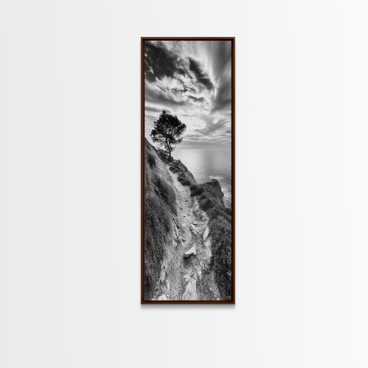 Cliffside Tree, Coastal Path, Nature Landscape, Canvas Print, Monochrome Hiking Trail Art, Boho Entryway or Office Wall Decor