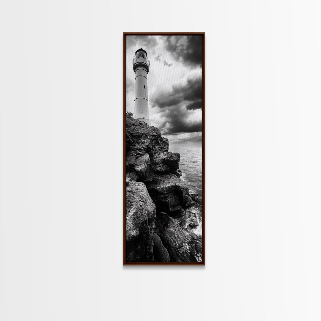Lighthouse Coast, Stormy Sky, Black White Ocean, Framed Canvas Print, Nautical Wall Art, Rustic Beach House Living Room Decor