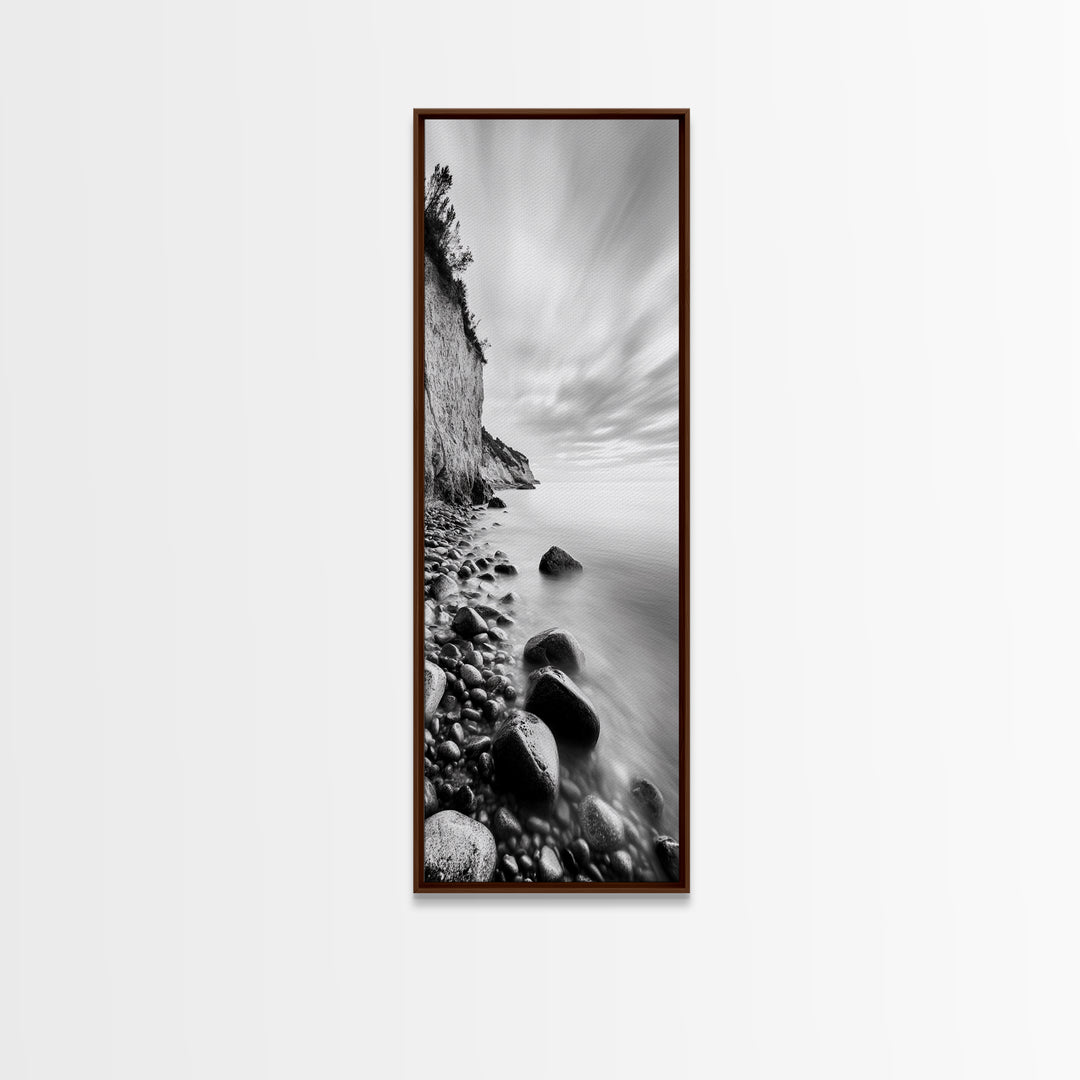 Rocky Shoreline, Coastal Calm, Seaside Mist, Canvas Print, Black White Minimalist Wall Art, Serene Bedroom or Bathroom Decor
