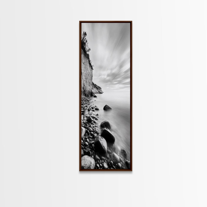 Rocky Shoreline, Coastal Calm, Seaside Mist, Canvas Print, Black White Minimalist Wall Art, Serene Bedroom or Bathroom Decor