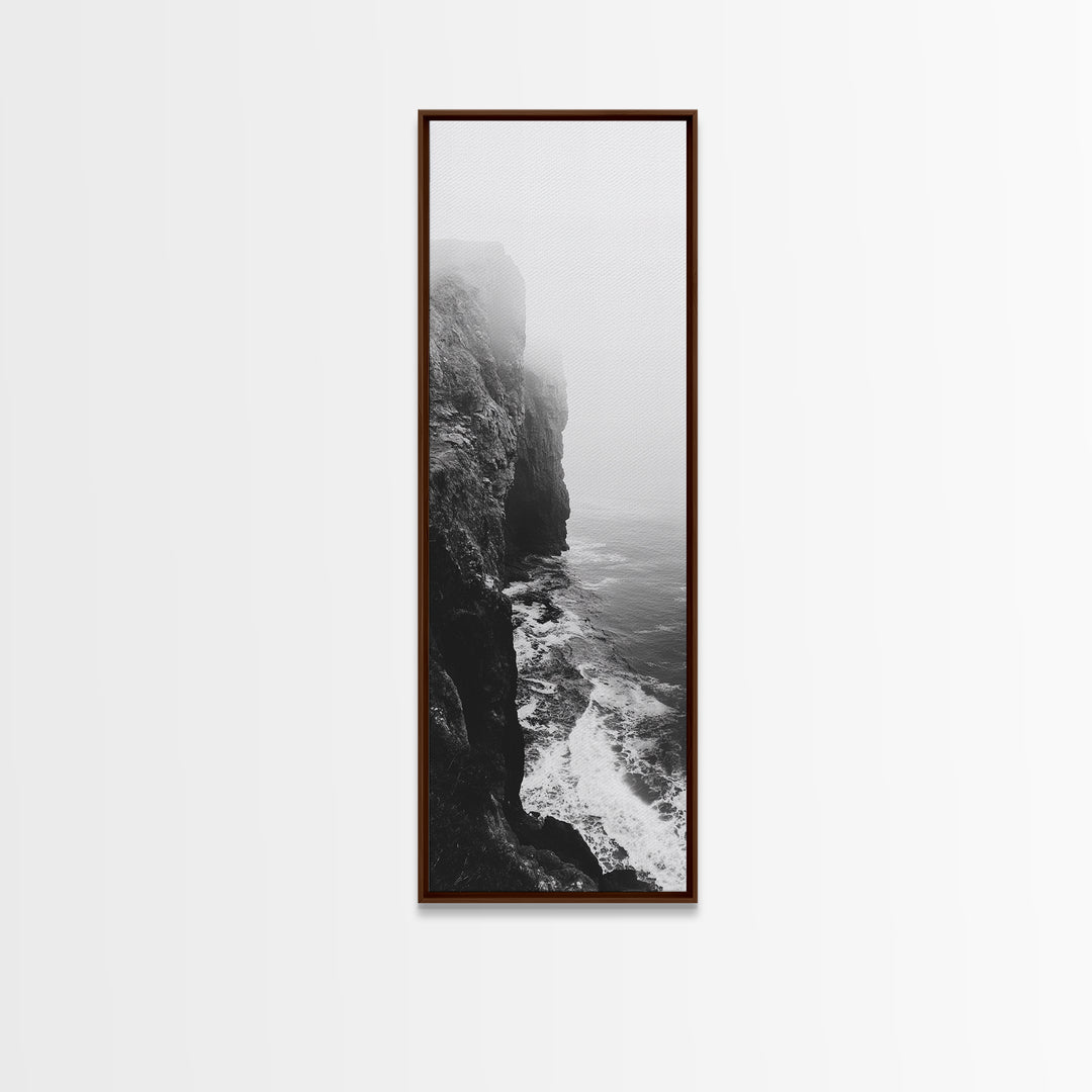 Foggy Cliffs, Moody Coast, Dramatic Seascape, Framed Canvas Print, Modern Dark Aesthetic Art, Minimalist Living Room Wall Decor