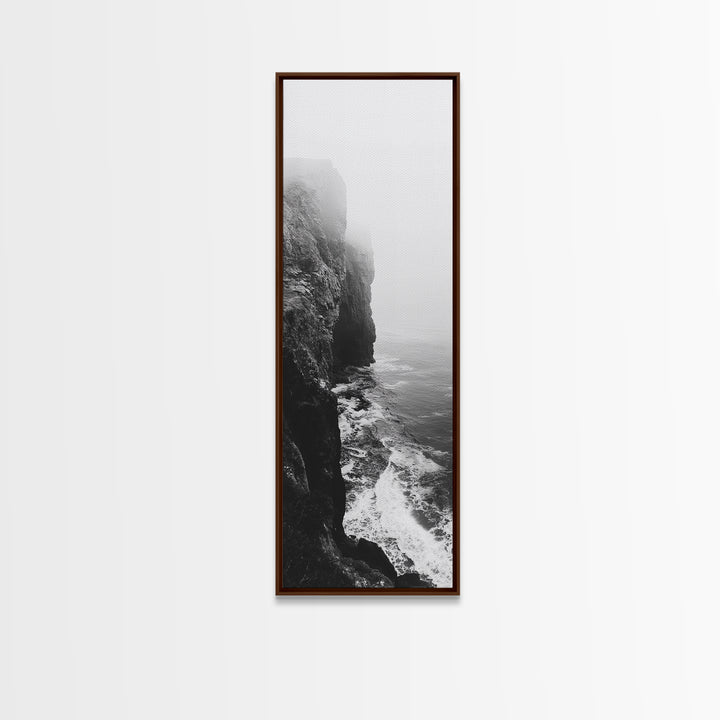 Foggy Cliffs, Moody Coast, Dramatic Seascape, Framed Canvas Print, Modern Dark Aesthetic Art, Minimalist Living Room Wall Decor