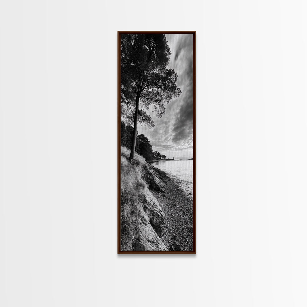 Coastal Tree, Ocean Horizon, Windswept Shore, Nature Calm, Moody Sky, Framed Canvas Print, Office Wall Art, Coastal Rustic Aesthetic