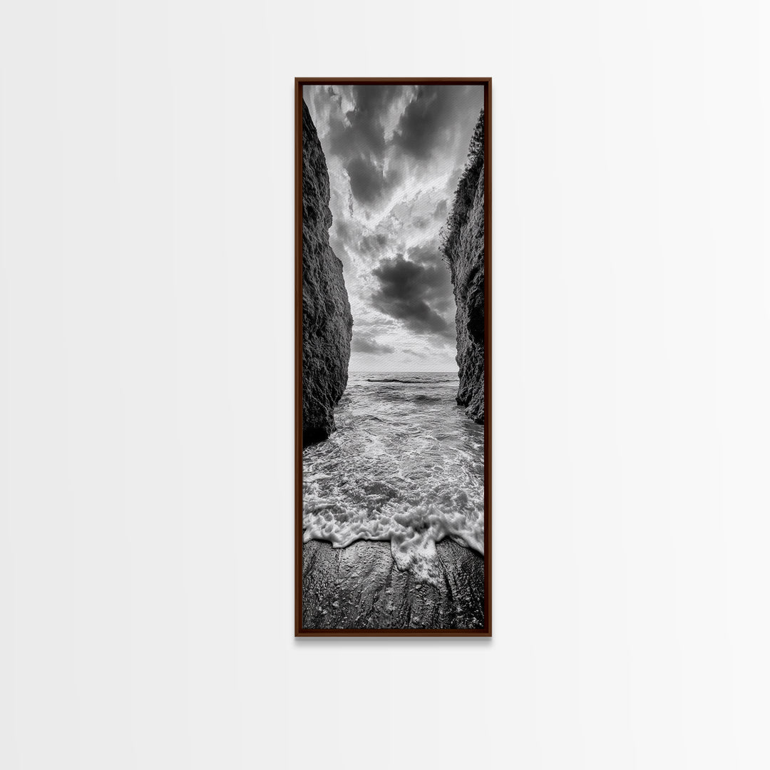 Ocean Gap, Cliffside Horizon, Black White Waves, Framed Canvas Print, Modern Coastal Wall Art, Nautical Living Room Decor,  Nature Decor