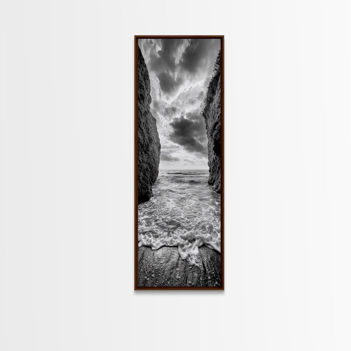 Ocean Gap, Cliffside Horizon, Black White Waves, Framed Canvas Print, Modern Coastal Wall Art, Nautical Living Room Decor,  Nature Decor