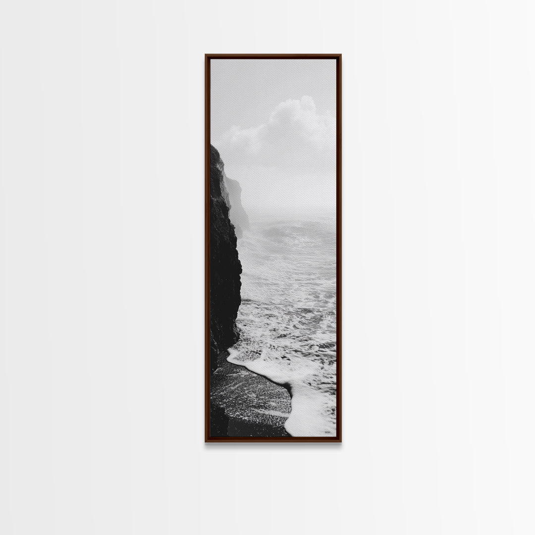 Coastal Cliff, Ocean Waves, Monochrome Seascape, Framed Canvas Print, Minimalist Ocean Art, Bathroom Decor, Nautical Wall Art
