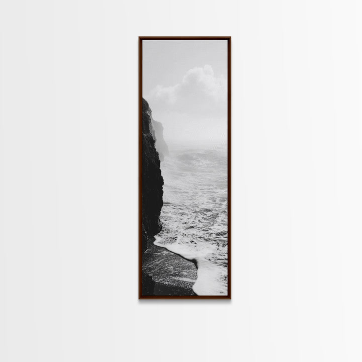 Coastal Cliff, Ocean Waves, Monochrome Seascape, Framed Canvas Print, Minimalist Ocean Art, Bathroom Decor, Nautical Wall Art