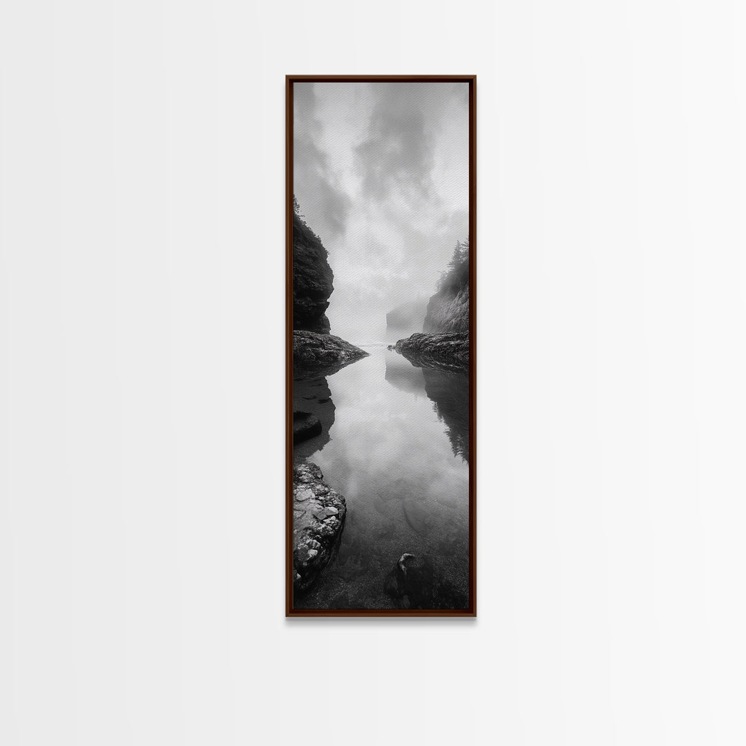 Misty Inlet, Rocky Shoreline, Tranquil Waters, Canvas Print, Moody Landscape Photography, Living Room Art, Nature Inspired Decor