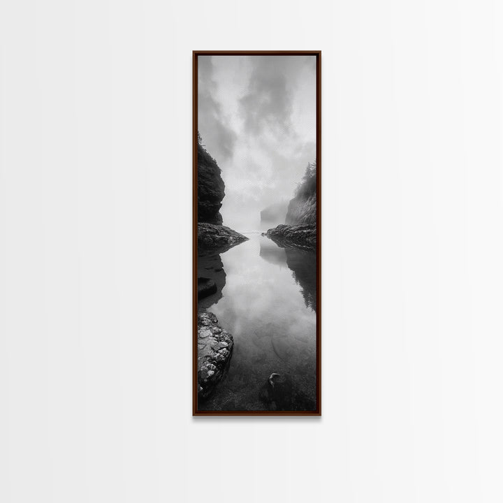 Misty Inlet, Rocky Shoreline, Tranquil Waters, Canvas Print, Moody Landscape Photography, Living Room Art, Nature Inspired Decor