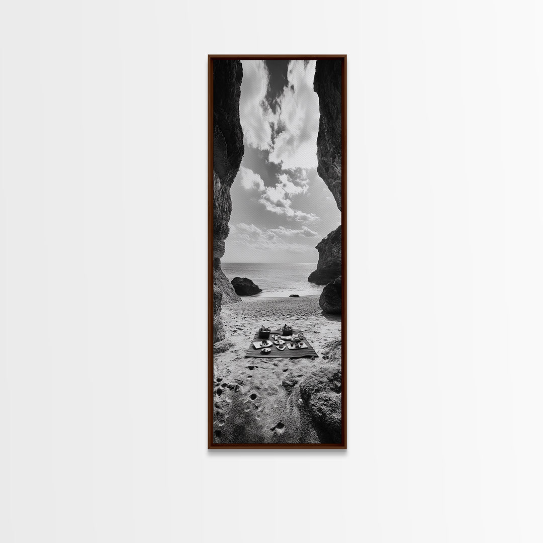 Beach Picnic, Seaside Cave, Ocean View, Framed Canvas Print, Minimalist Coastal Art, Dining Room Decor, Romantic Escape Vibes, Nautical Decor