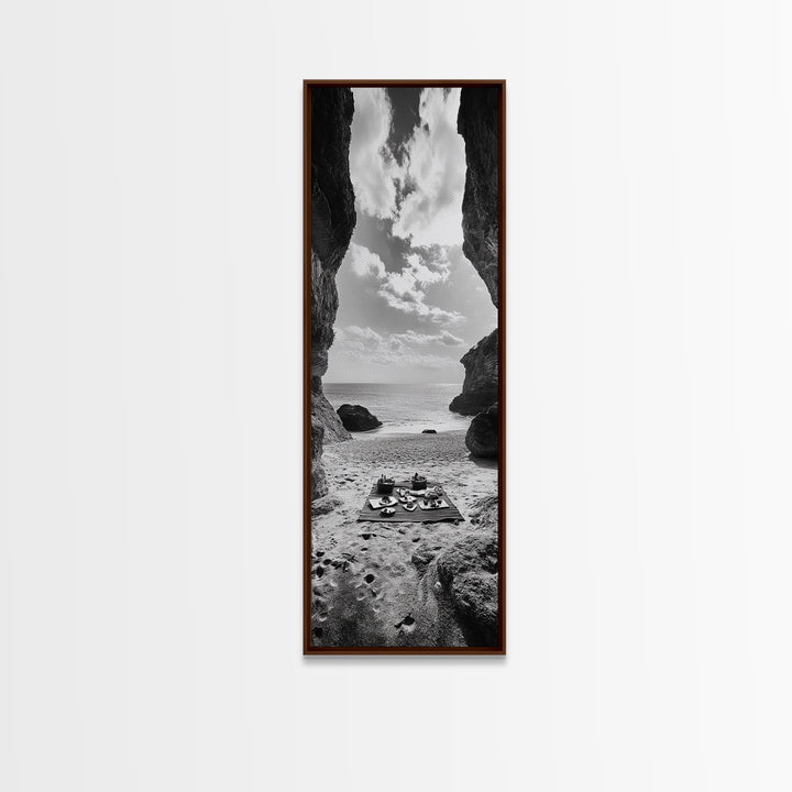 Beach Picnic, Seaside Cave, Ocean View, Framed Canvas Print, Minimalist Coastal Art, Dining Room Decor, Romantic Escape Vibes, Nautical Decor