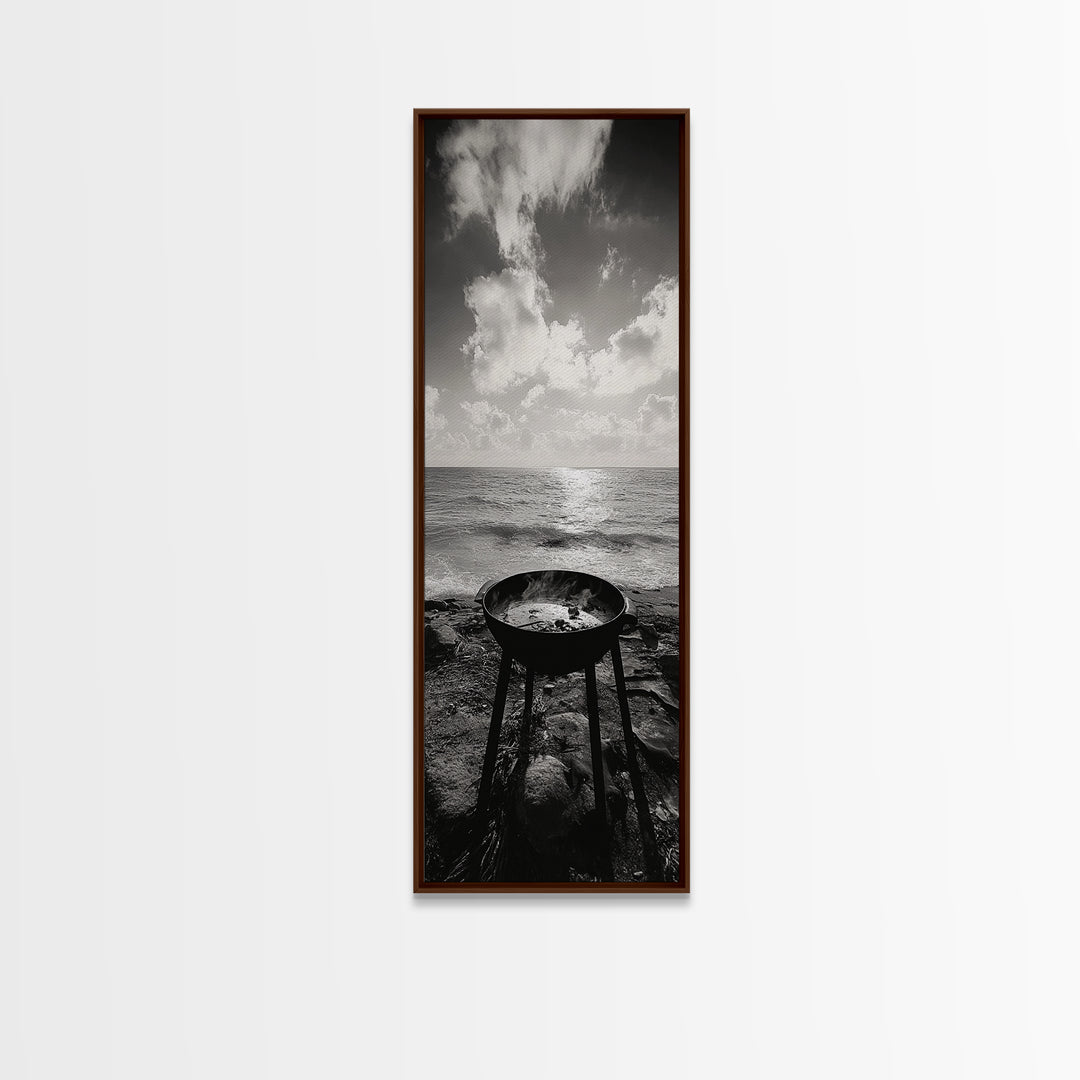 Smoky Grill, Seaside BBQ, Coastal Cooking, Framed Canvas Print, Rustic Outdoor Kitchen Art, Summer Vibes Wall Decor, Moody Beach Scene