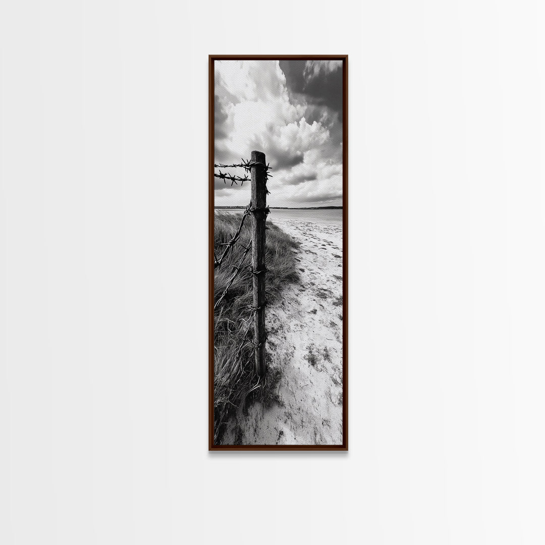 Barbed Fence, Sandy Dunes, Stormy Skies, Moody Coast, Natural Tension, Framed Canvas Print, Living Room Wall Art, Modern Western Decor